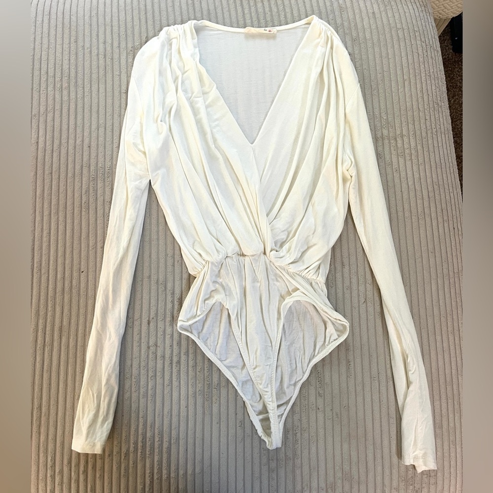 Bone White V Neck Wrap Style Long Sleeve Bodysuit